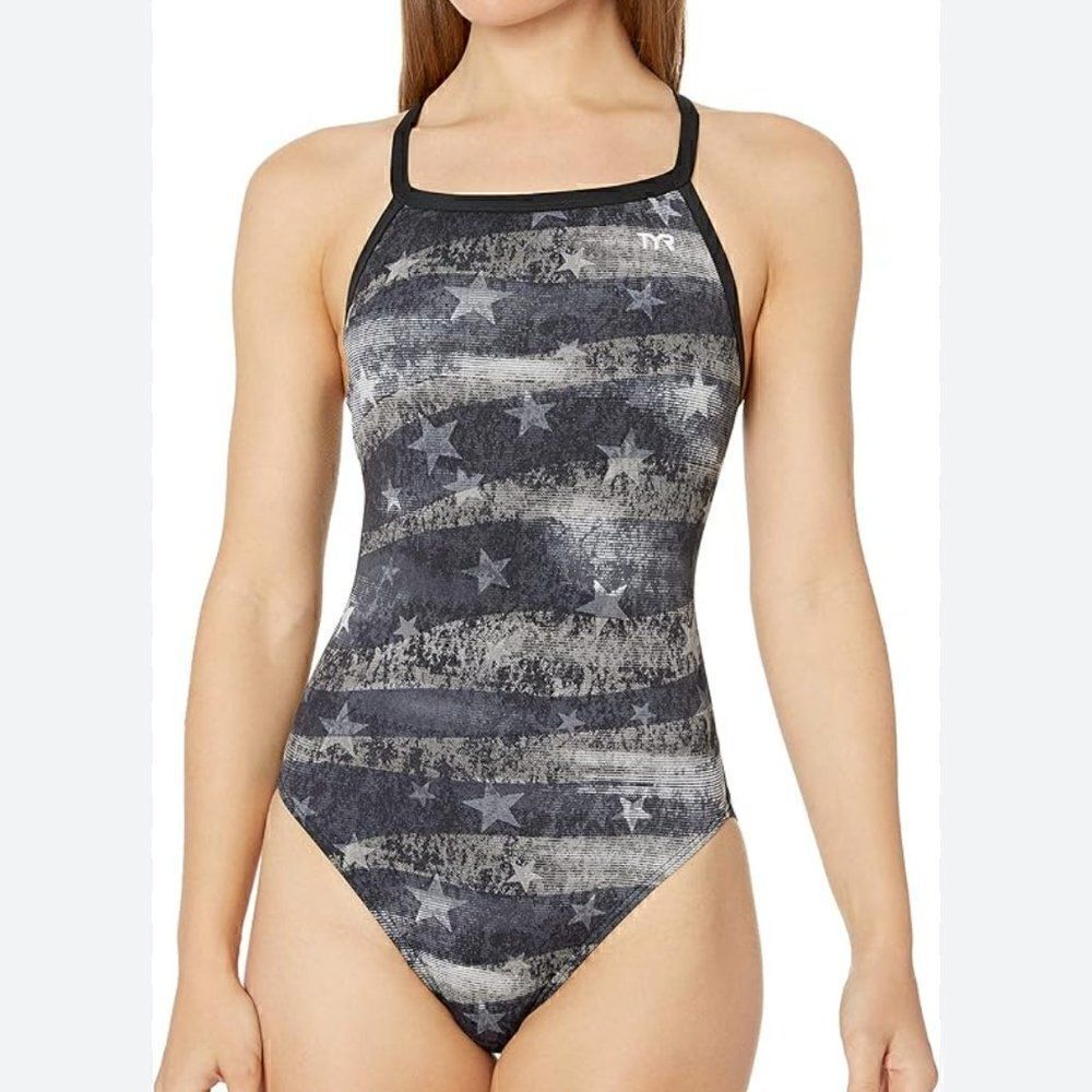 TYR American Dream Diamond Fit One Piece Swimsuit Size 26 Gray Star Print NEW